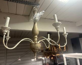 Chandelier ceiling light fixture wood center metal arms 30” wide