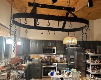 Pot rack with all hooks and chains and ceiling hooks is 3’ across
