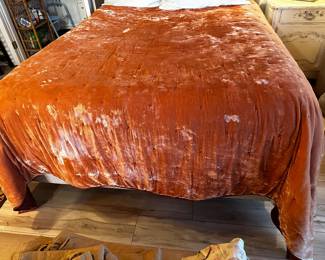 Queen, bed size, soft, coral velvet, throw with pumpkin satin, backside reversible