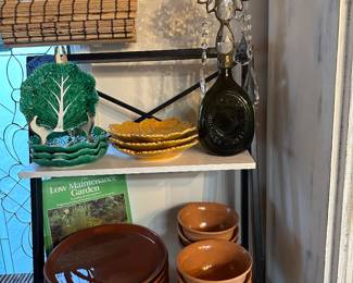 Pottery plates and bowl, majolica leaf dishes