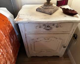 One of two night tables are end tables with pull out shelf in cabinet -27 wide 20 deep-top 30” high- very rustic