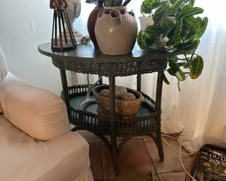 Green oval wicker side table, cementish oval bowl, 