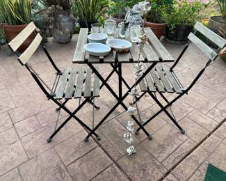 Iron frame wood Slat top table and chairs for patio