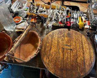 Large lazy Susan and kitchen utensils, etc.