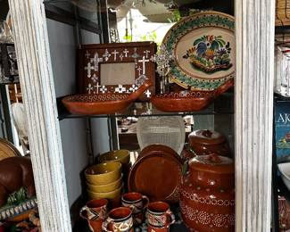 Majolica, Mexican pottery servers and crosses frame 