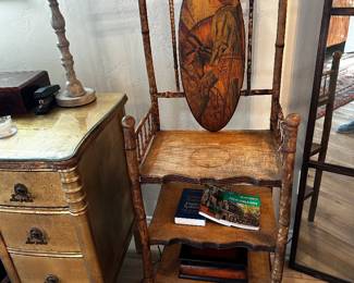 Mottled bamboo three shelf stand with hand painted oval panel 