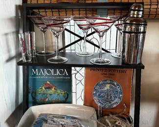 Martini glasses, shaker, majolica books
