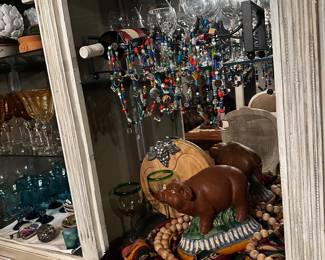 Majolica looking rep wine glasses, including one Bacharach and hanging colored glass strands