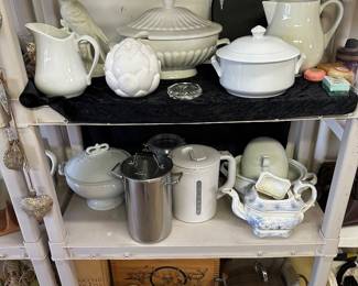 White porcelain servingware great for Easter plus pots pans, and some as is ceramics for garden