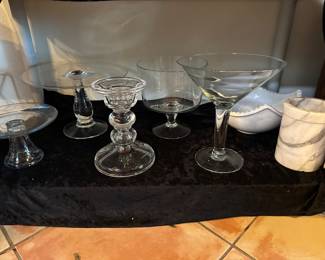 Glass cake stands, trifle bowl, and a marg glass for a giant
