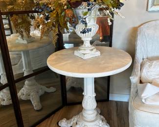 White metal base round top table and urn vase with faux arrangement 