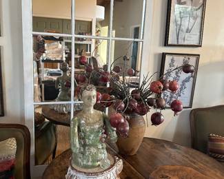 Large wall mirror of window pane panels, carved primitive lady, faux pomegranates in pottery vase
