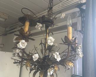 Metal Chandelier with ceramic roses 22 wide by 24” high plus chain wired with ceiling mount