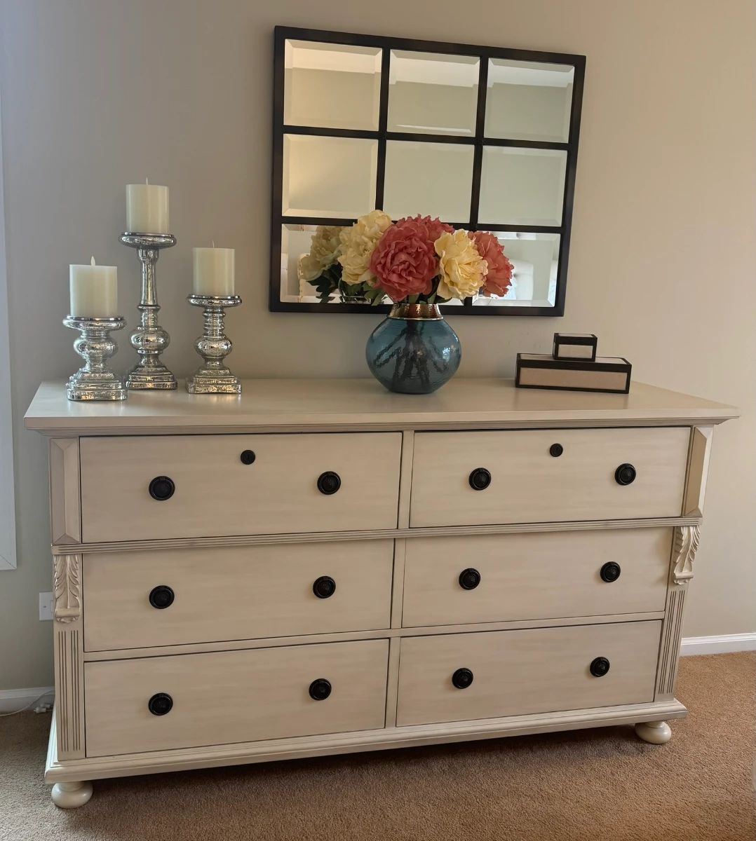 Pottery Barn dresser, accent mirror, decorative candles