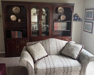fabric loveseat _ wood display cabinets