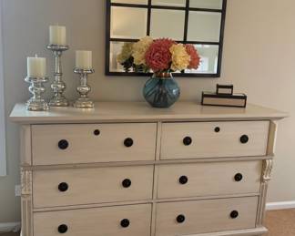 Pottery Barn dresser, accent mirror, decorative candles