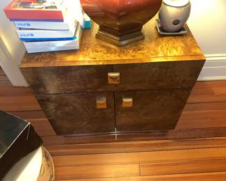 4 PC. Founders Mid-Century (Subsidiary of Knoll Furniture) Burlwood Bedroom Suite, Vintage Burl Wood Nightstands, Rare distinctive burled woodgrain & satin "D" strapped Brass Pulls, Full Size Bed.