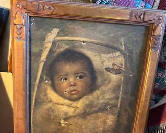 I am working on the name of this artist. It was sold at Gump’s around the turn-of-the-century. There’s a lot of damage to this painting.