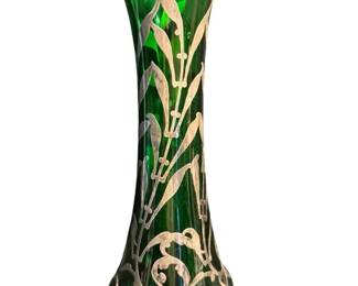 003 RARE FIND Loetz Green Glass Vase w Alvin Sterling Silver Overlay