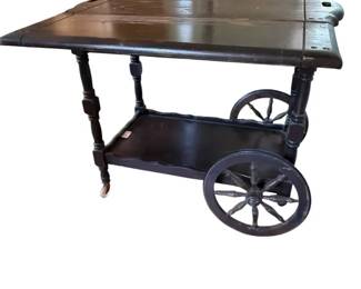 012 Vintage Wooden Tea Cart w Spoked Wheels, Drop Leaves, and Lower Shelf