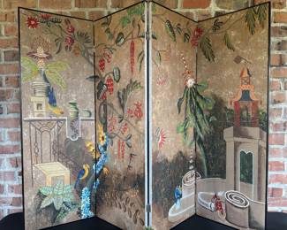 ($400- 4-panel hand-painted screen in folk art style, each panel 16x48)