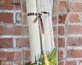 ($120- Vintage, seeded glass pedestal hurricane, 16" tall)