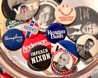 Vintage Political Pins. Shop these items in person! 