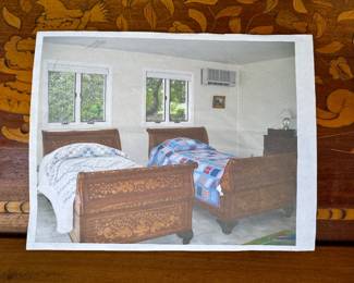 Picture of Assembled: ($650 each, 2 available, Antique twin sleigh beds, beautiful inlay/marquetry throughout, disassembled for easy move)