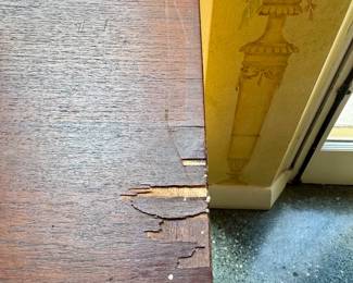 Close Up, top right- ($800- Mid-Century Modern double dresser, Made in Denmark, dovetailed, solid wood, hand-stained veneer, as is, 59x18x34)