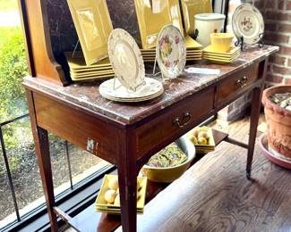 ($500- Marble top and marble backsplash wash table with 2 drawers, very good vintage condition, 43x22x51)