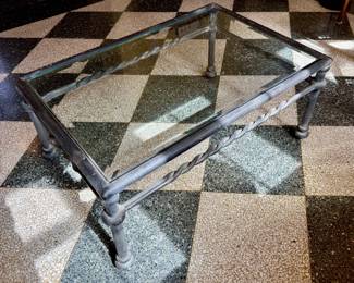 ($250- Glass top, metal base coffee table Turnberry, normal wear noted, 43x20)