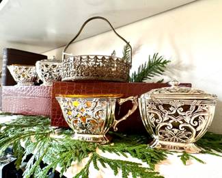 This sale is full of fancy! ($80 per set, 2 available- Vintage Godinger creamer and sugar sets by Neiman Marcus, new with boxes!), ($48- Vintage salmon pink colored candy dish) 