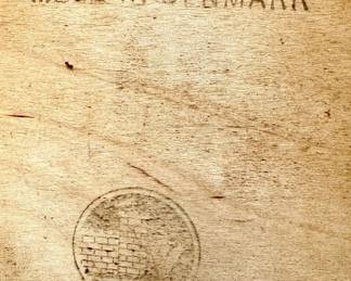 Close Up of back stamp- ($800- Mid-Century Modern double dresser, Made in Denmark, dovetailed, solid wood, hand-stained veneer, as is, 59x18x34)