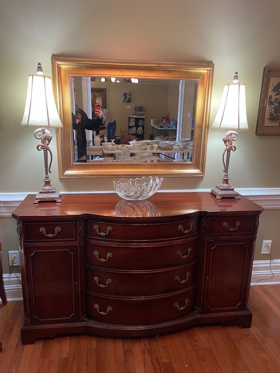#1		Bernhardt Mahogany Serpentine Front Sideboard Buffet w/brass hardware and dovetailed drawers. 6 Drawers, 2 doors and 2 shelves -  63 x 21 1/2 x 35 1/2 	 $ 275.00  #2		Heavy Metal Cast Animal Buffet Lamps -  34 inches tall 	 $ 200.00  #3		Gold Painted Beveled Rectangle Mirror -  42 1/2 x 32 	 $ 150.00 
