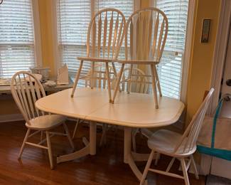 	#11		White painted split pedestal breakfast table with six chairs and one leaf -  59 1/2 x 41 1/2 x 28 with 14 3/4 inch leaf 	 $ 150.00 		