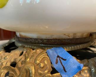 	#44		Handpainted Milk Glass Lamp w/brass Base - as is crack at base and wiring	 $ 45.00 		