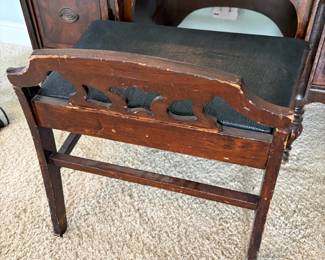 	#12		Antique vanity w/large beveled mirror - two pieces with vanity stool. Four drawers  - 46 1/2 x 18 x 68 	 $ 150.00 																							