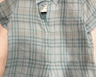 	#103	RA	Burberry women’s size 12, 100% linen short sleeve button-down shirt. Made in Italy 	 $ 70.00 		