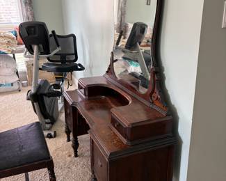 	#12		Antique vanity w/large beveled mirror - two pieces with vanity stool. Four drawers  - 46 1/2 x 18 x 68 	 $ 150.00 																							