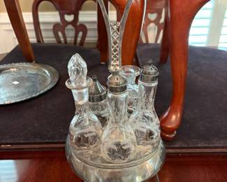 	#61		Antique Rotating Silverplated Set - 5pc Cruet & Stand 16.5" (missing glass stopper)	 $ 65.00 		
