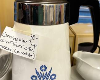 	#092	RA	Corning ware blue corn flour, 9 cup coffee maker/percolator 	 $ 35.00 		