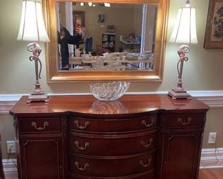 #1		Bernhardt Mahogany Serpentine Front Sideboard Buffet w/brass hardware and dovetailed drawers. 6 Drawers, 2 doors and 2 shelves -  63 x 21 1/2 x 35 1/2 	 $ 275.00  #2		Heavy Metal Cast Animal Buffet Lamps -  34 inches tall 	 $ 200.00  #3		Gold Painted Beveled Rectangle Mirror -  42 1/2 x 32 	 $ 150.00 