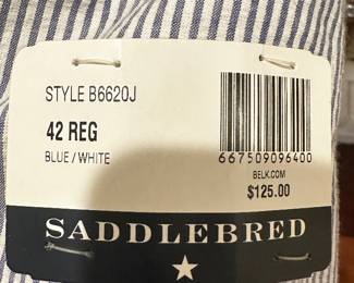 	#102	RA	New with tag Saddlebred seersucker blazer/sportcoat 2 button size 42 regular 	 $ 45.00 		