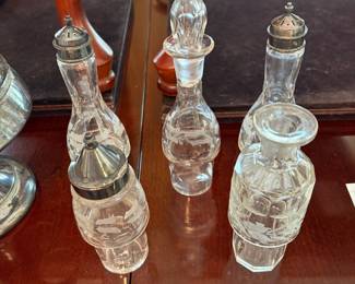 	#61		Antique Rotating Silverplated Set - 5pc Cruet & Stand 16.5" (missing glass stopper)	 $ 65.00 		