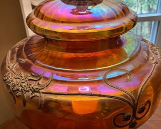 	#21		VERY LARGE Hollywood Regency Lamp - Iridescent Amber Carnival Glass w/metal Appliques	 $ 225.00 		