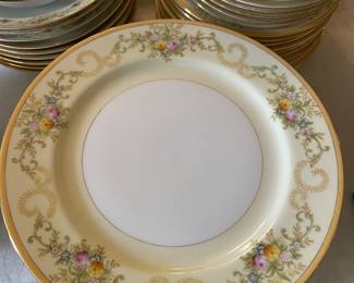 	#35		Meito China Set - gold rim as is ( 9 dinner, 10 salad, 8 bread, 4 cup and saucer, 9 soup, 4 fruit, creamer, gravy, large oval, medium oval, round regtable w/lid)	 $ 165.00 		