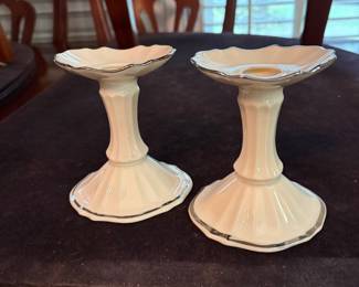 	#55		Lenox Symphony 3 pcs - Oval bowl w/platinum trim and Pair of Candlesticks 4.25"	 $ 25.00 		