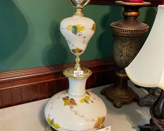 	#44		Handpainted Milk Glass Lamp w/brass Base - as is crack at base and wiring	 $ 45.00 		