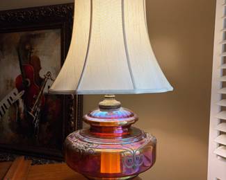 	#21		VERY LARGE Hollywood Regency Lamp - Iridescent Amber Carnival Glass w/metal Appliques	 $ 225.00 		