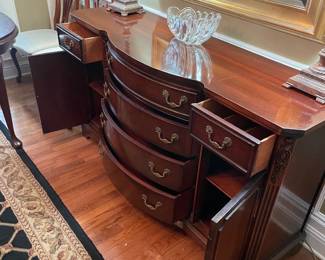	#1		Bernhardt Mahogany Serpentine Front Sideboard Buffet w/brass hardware and dovetailed drawers. 6 Drawers, 2 doors and 2 shelves -  63 x 21 1/2 x 35 1/2 	 $ 275.00 																							